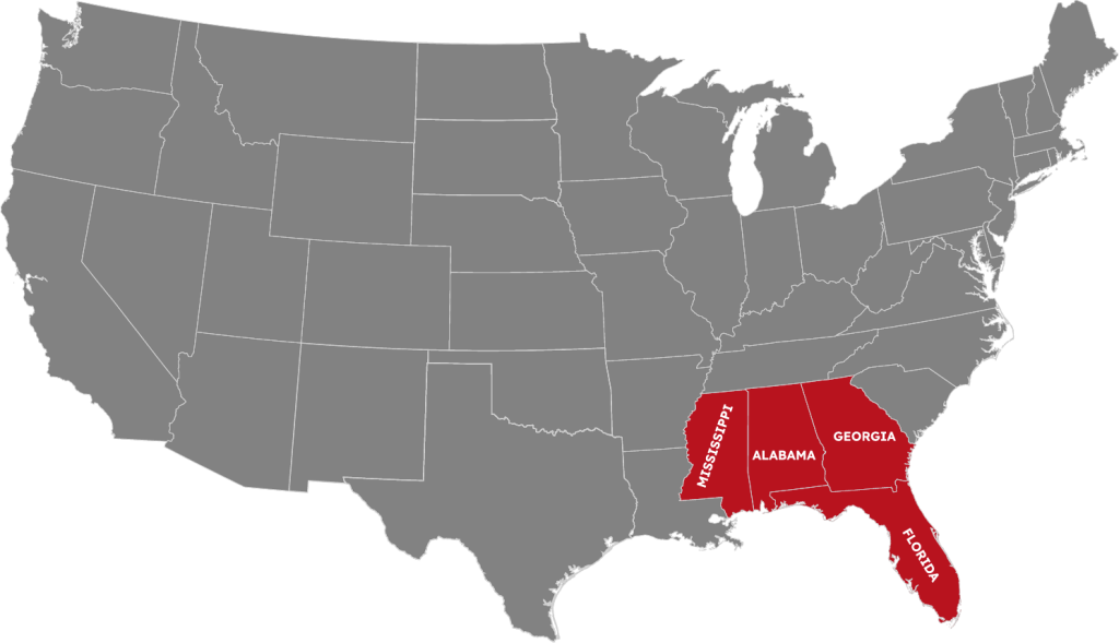 Map showing Florida, Alabama, Mississippi, and Georgia within the Tropical Epoxies service region